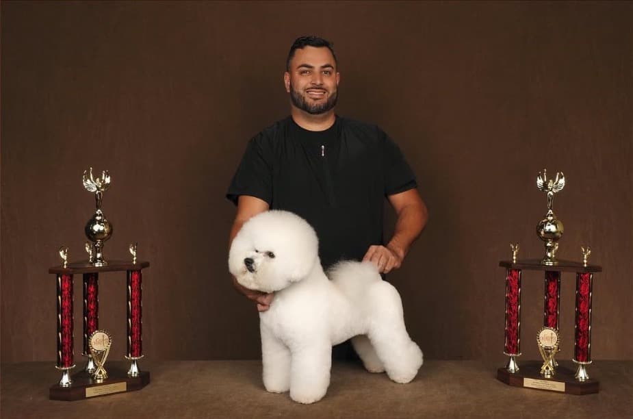 Caio Ribeiro with trophies and a groomed white Bichon Frise